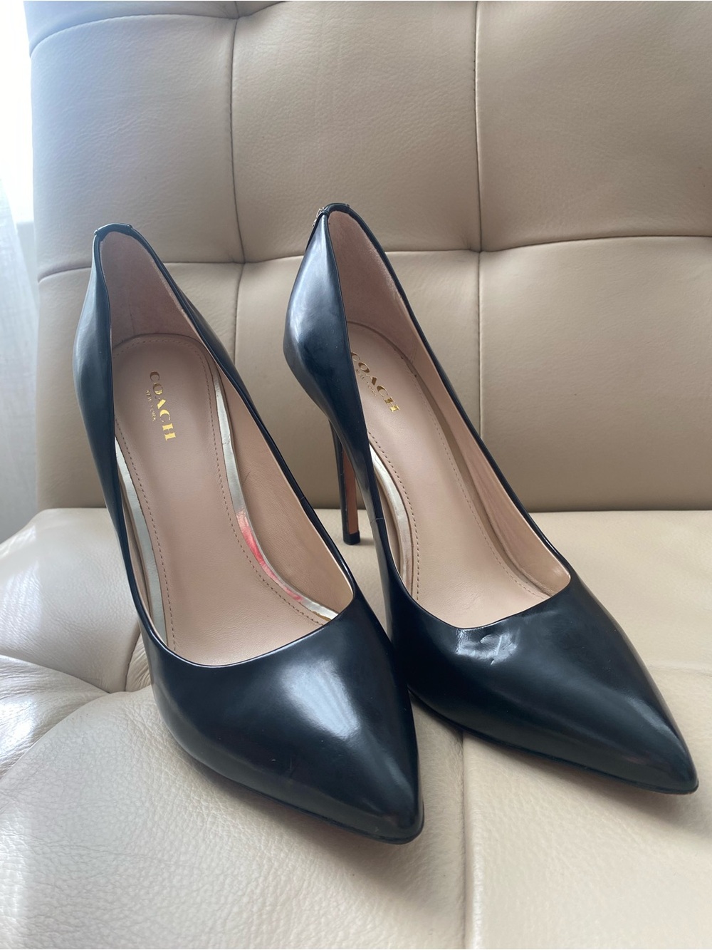 Coach Harley Black Leather Pointed Toe Stiletto Pumps